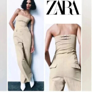 ZARA Khaki Tan Nylon Strapless Wide Leg Utility Jumpsuit Size XS NWOT Romper